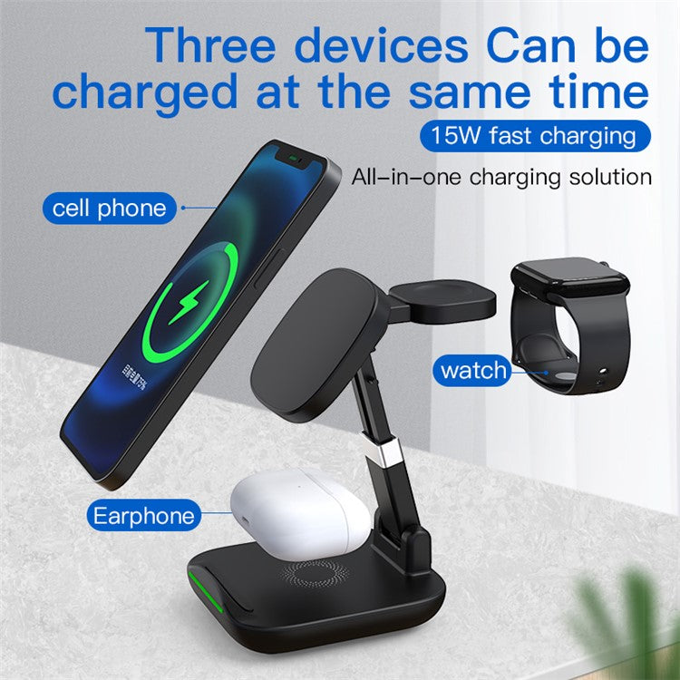 YF-T9 3-in-1 15W Magnetic Wireless Charger Cellphone Smartwatch Earphone Fast Charging Dock Stand - Black