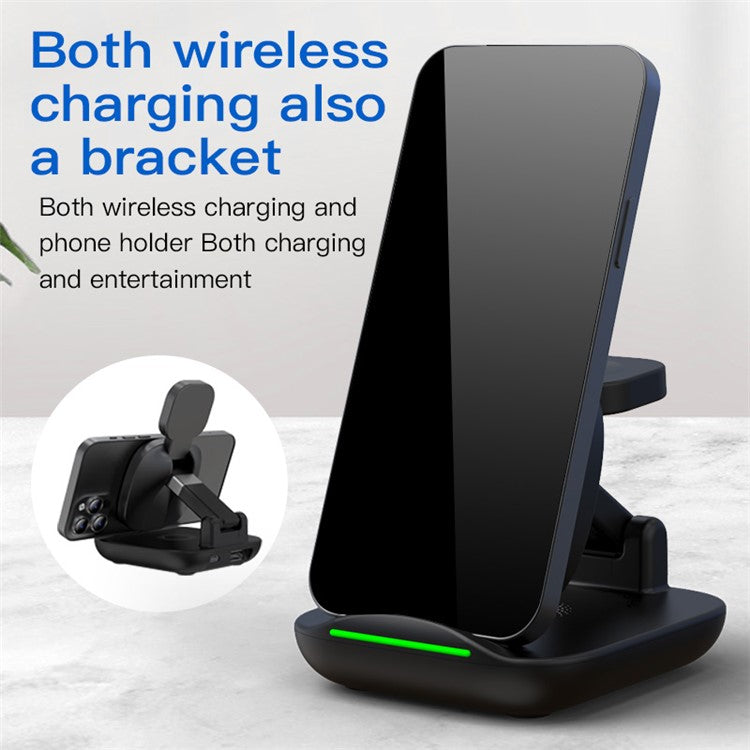 YF-T9 3-in-1 15W Magnetic Wireless Charger Cellphone Smartwatch Earphone Fast Charging Dock Stand - Black