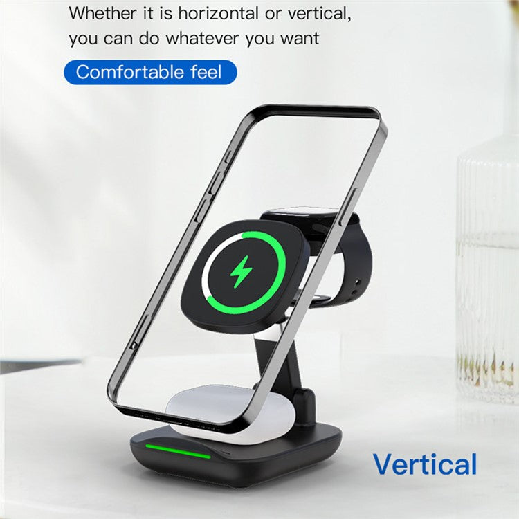 YF-T9 3-in-1 15W Magnetic Wireless Charger Cellphone Smartwatch Earphone Fast Charging Dock Stand - Black