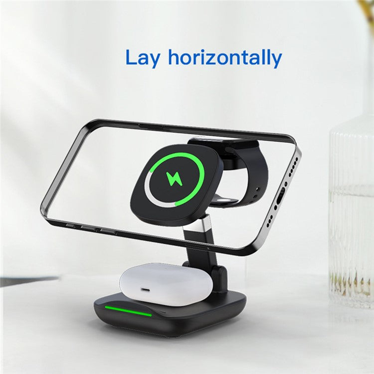 YF-T9 3-in-1 15W Magnetic Wireless Charger Cellphone Smartwatch Earphone Fast Charging Dock Stand - Black