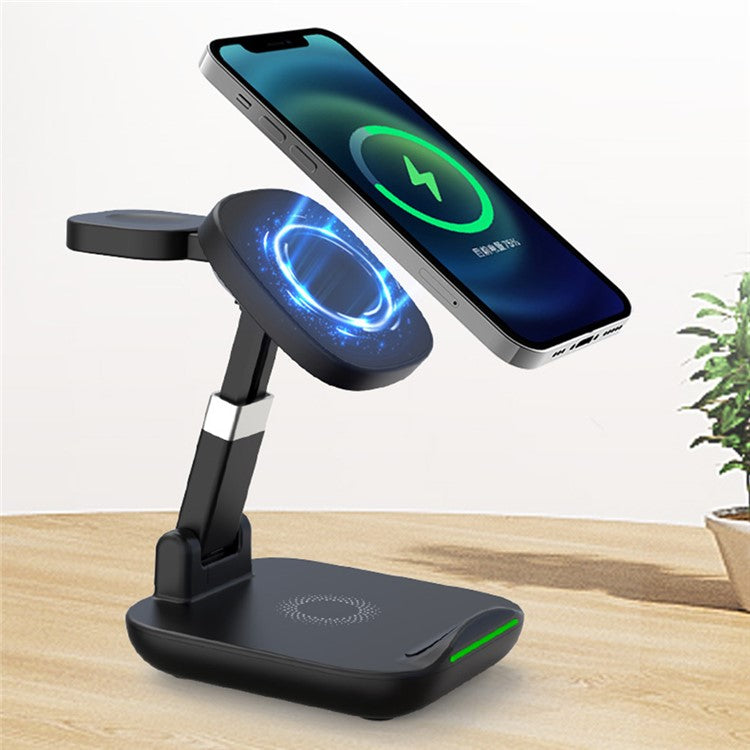 YF-T9 3-in-1 15W Magnetic Wireless Charger Cellphone Smartwatch Earphone Fast Charging Dock Stand - Black