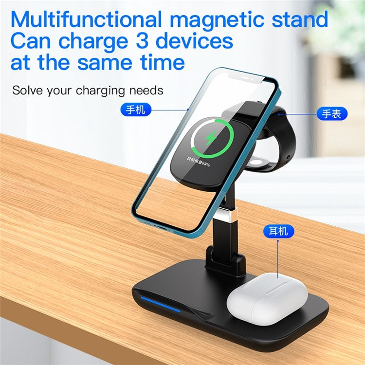 YF-T8 3-in-1 15W Magnetic Wireless Charger Portable Phone Charger Multifunction Charging Stand with Indicator Light