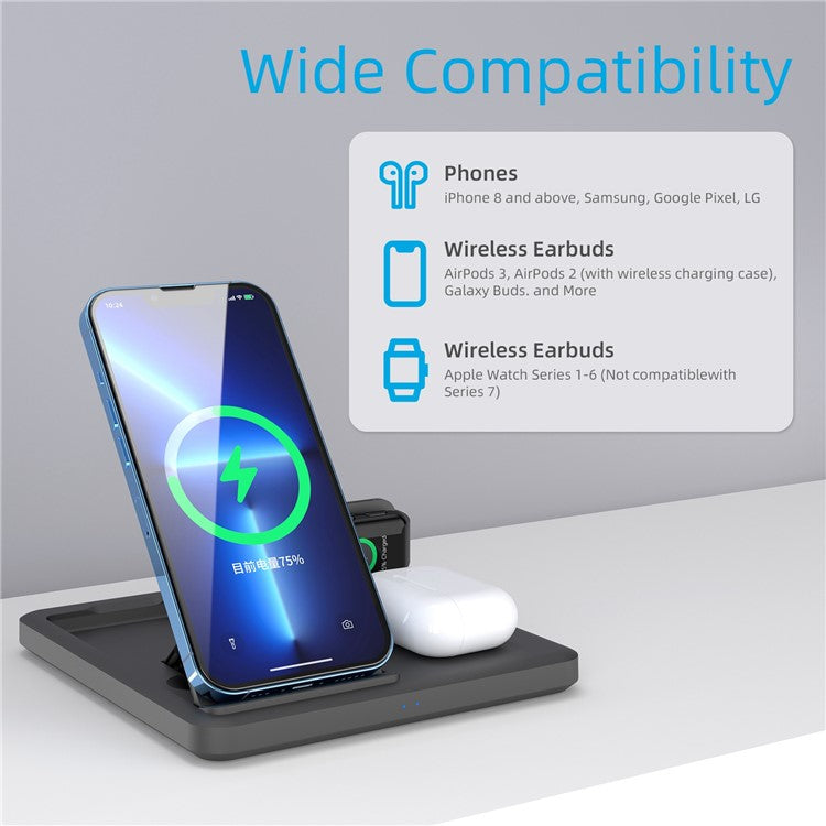 C18 15W Wireless Charging Stand for iPhone / Apple Watch / AirPods Pro 3-in-1 Adjustable Angle Folding Charger