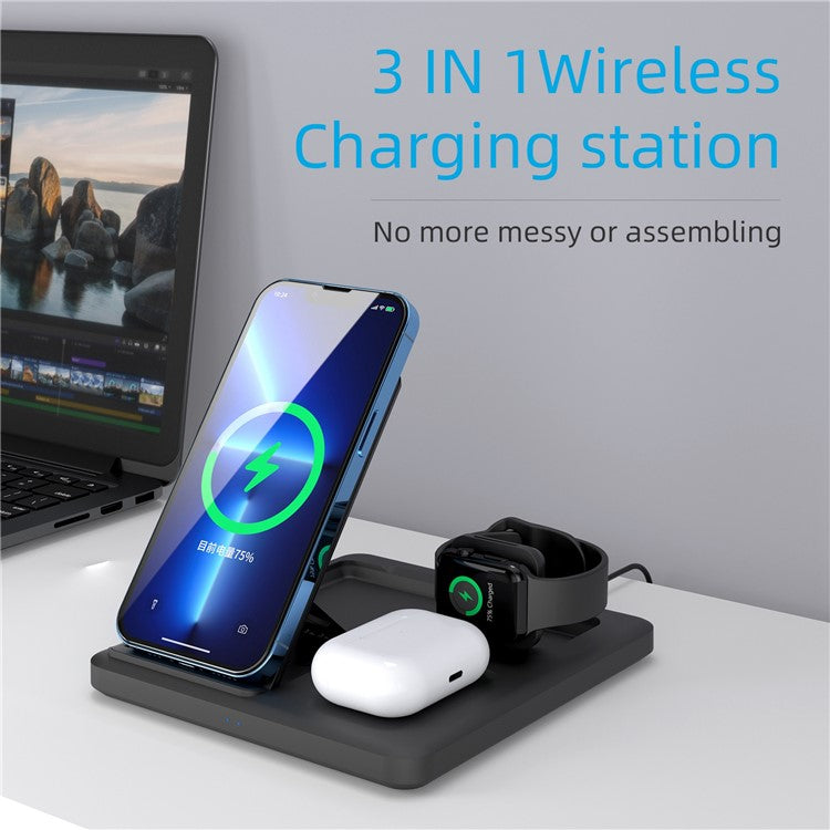 C18 15W Wireless Charging Stand for iPhone / Apple Watch / AirPods Pro 3-in-1 Adjustable Angle Folding Charger