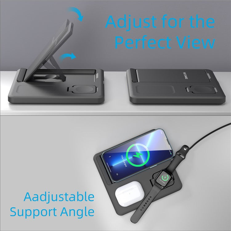 C18 15W Wireless Charging Stand for iPhone / Apple Watch / AirPods Pro 3-in-1 Adjustable Angle Folding Charger