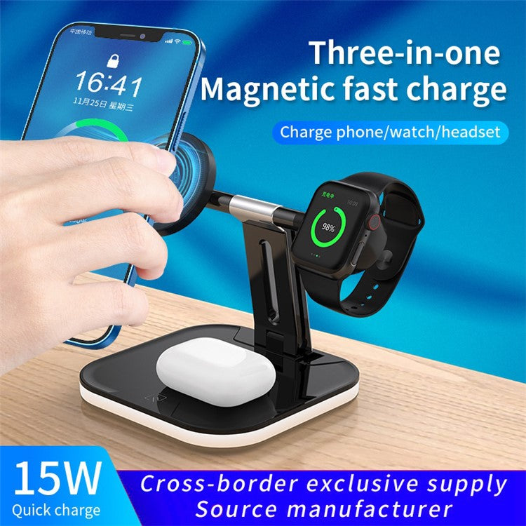 JJT-971 3 in 1 Detachable Magnetic Wireless Charger Charging Base for iPhone / Apple Watch / Earphones - Black