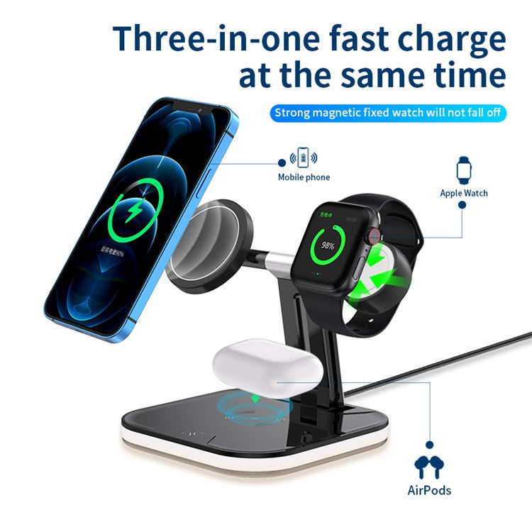 JJT-971 3 in 1 Detachable Magnetic Wireless Charger Charging Base for iPhone / Apple Watch / Earphones - Black