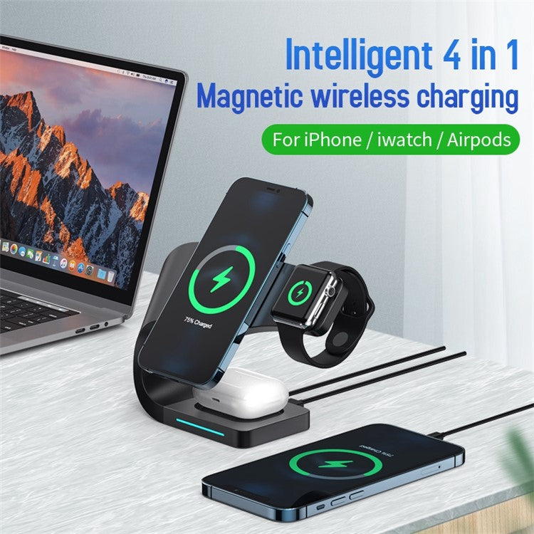 CF62 Intelligent 4 in 1 Magnetic Wireless Charger for iPhone / iWatch / AirPods 15W Fast Charging Station - Black