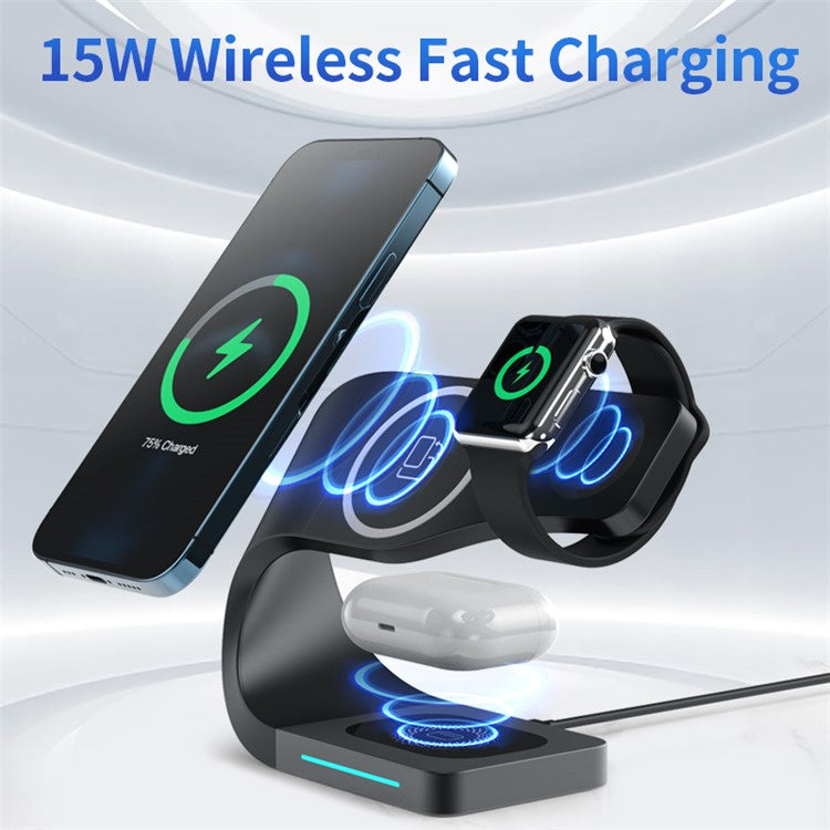 CF62 Intelligent 4 in 1 Magnetic Wireless Charger for iPhone / iWatch / AirPods 15W Fast Charging Station - Black