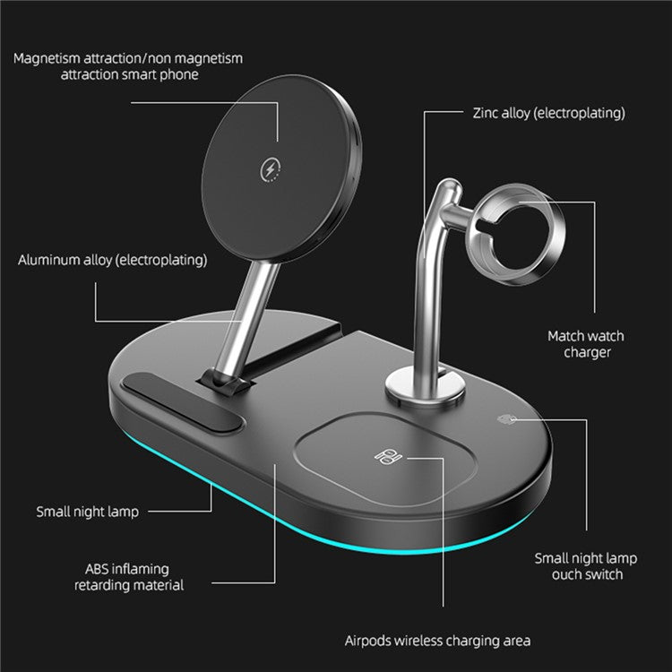 S20 Desktop Wireless Charging Stand Multifunction Folding Magnetic Charger for iPhone / iWatch / AirPods - Black