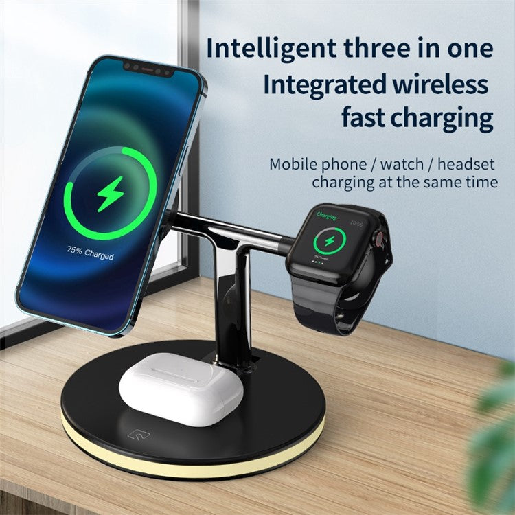 JJT-980 Desktop Charging Stand 3 in 1 Detachable Magnetic Wireless Charger for iPhone / Apple Watch / Earphones - Black