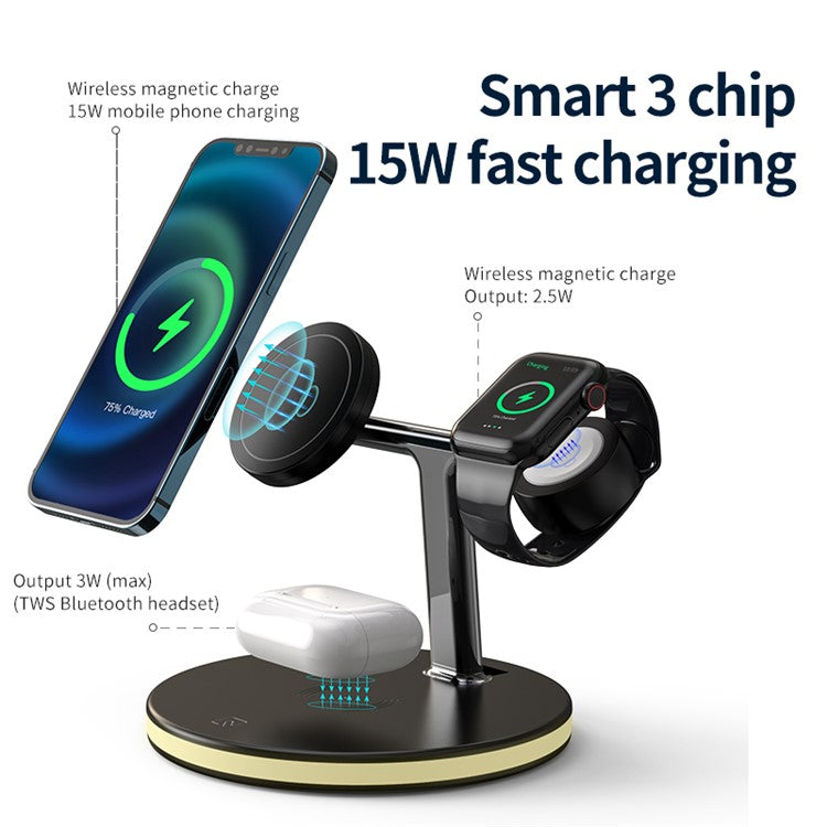 JJT-980 Desktop Charging Stand 3 in 1 Detachable Magnetic Wireless Charger for iPhone / Apple Watch / Earphones - Black