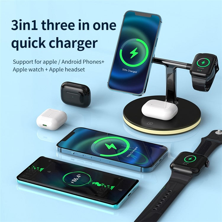 JJT-980 Desktop Charging Stand 3 in 1 Detachable Magnetic Wireless Charger for iPhone / Apple Watch / Earphones - Black