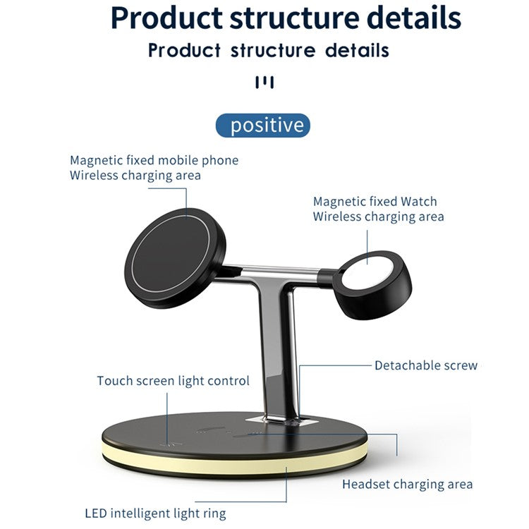 JJT-980 Desktop Charging Stand 3 in 1 Detachable Magnetic Wireless Charger for iPhone / Apple Watch / Earphones - Black