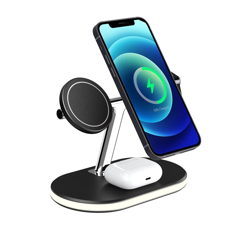 C300 3 in 1 15W Fast Charging Desktop Station with LED Night Light Magnetic Wirless Charger for Qi-enabled Mobile Phone / AirPods / Apple Watch