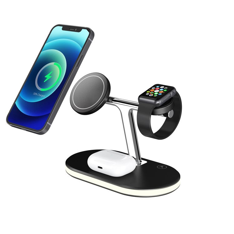 C300 3 in 1 15W Fast Charging Desktop Station with LED Night Light Magnetic Wirless Charger for Qi-enabled Mobile Phone / AirPods / Apple Watch