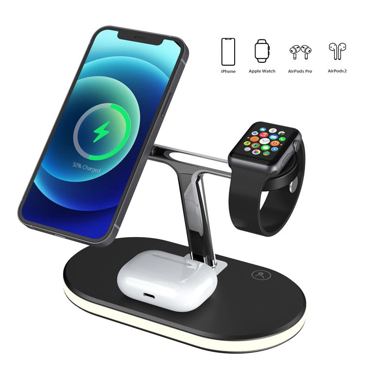 C300 3 in 1 15W Fast Charging Desktop Station with LED Night Light Magnetic Wirless Charger for Qi-enabled Mobile Phone / AirPods / Apple Watch