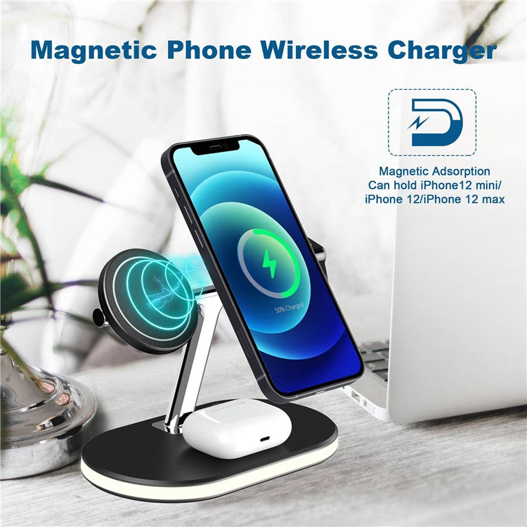 C300 3 in 1 15W Fast Charging Desktop Station with LED Night Light Magnetic Wirless Charger for Qi-enabled Mobile Phone / AirPods / Apple Watch