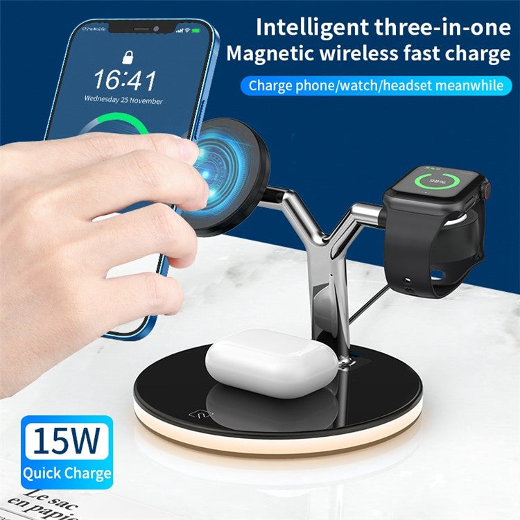 970 For iPhone / Apple Watch / AirPods 3 in 1 Wireless Charger 15W Fast Charging Desktop Stand Cradle with Light - Black