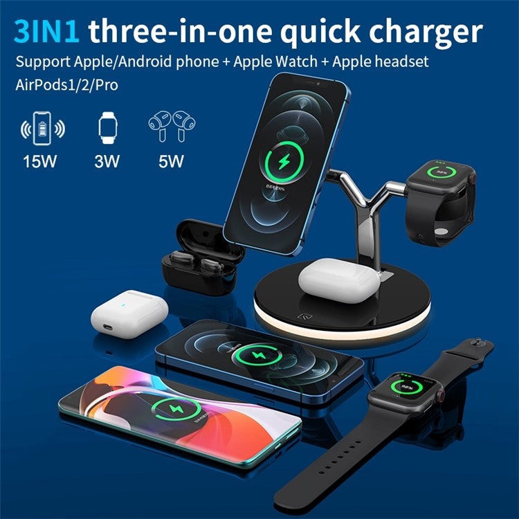 970 For iPhone / Apple Watch / AirPods 3 in 1 Wireless Charger 15W Fast Charging Desktop Stand Cradle with Light - Black