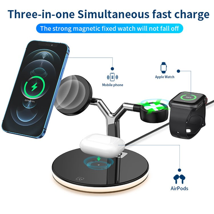 970 For iPhone / Apple Watch / AirPods 3 in 1 Wireless Charger 15W Fast Charging Desktop Stand Cradle with Light - Black