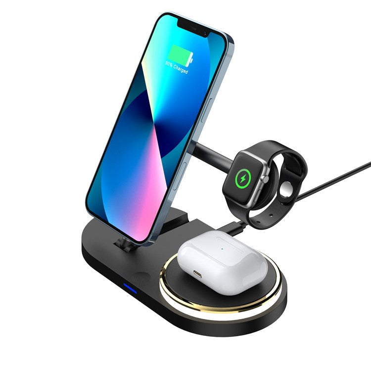 CF36 15W Wireless Charging Stand for iPhone / Apple Watch / AirPods Folding Charger with LED Light + USB Output - Black