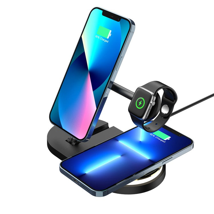 CF36 15W Wireless Charging Stand for iPhone / Apple Watch / AirPods Folding Charger with LED Light + USB Output - Black