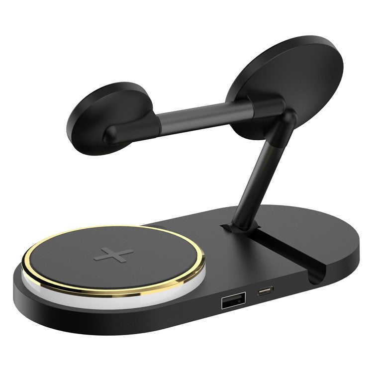 CF36 15W Wireless Charging Stand for iPhone / Apple Watch / AirPods Folding Charger with LED Light + USB Output - Black