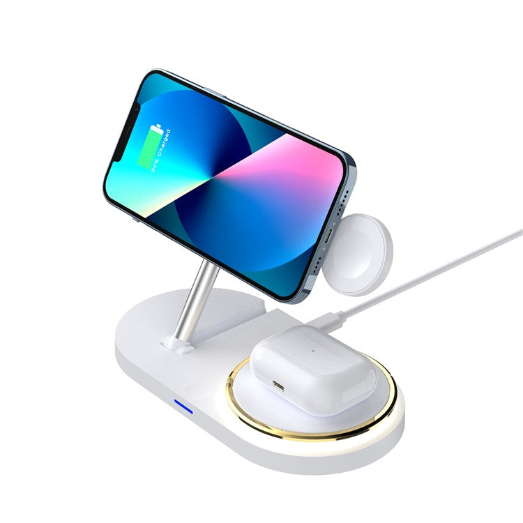 CF36 15W Wireless Charging Stand for iPhone / Apple Watch / AirPods Folding Charger with LED Light + USB Output - White