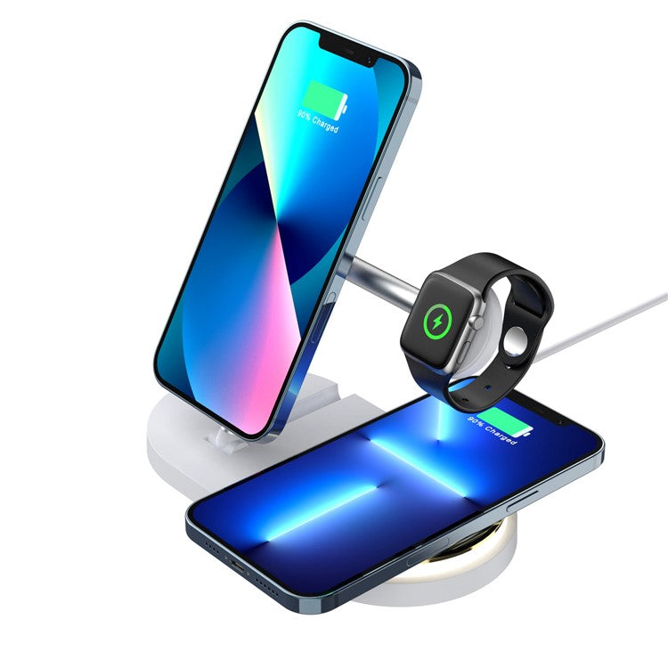 CF36 15W Wireless Charging Stand for iPhone / Apple Watch / AirPods Folding Charger with LED Light + USB Output - White