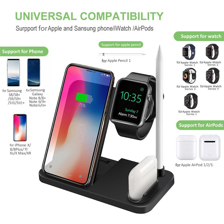 B286 4-in-1 Multifunction Wireless Charger Cordless Phone Charger Folding Charging Stand Compatible with iPhone, iWatch, AirPods - Black