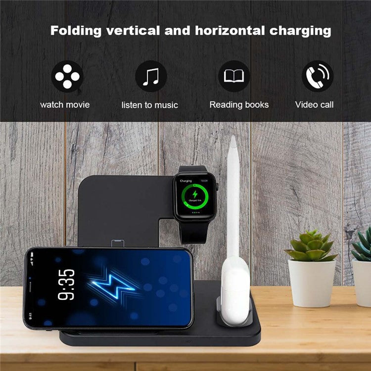 B286 4-in-1 Multifunction Wireless Charger Cordless Phone Charger Folding Charging Stand Compatible with iPhone, iWatch, AirPods - Black