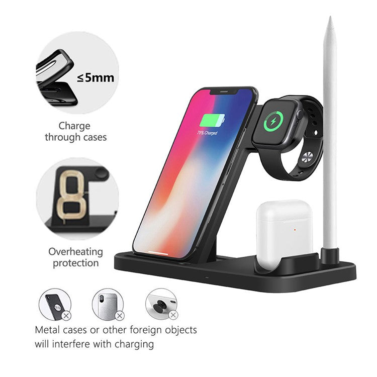 B286 4-in-1 Multifunction Wireless Charger Cordless Phone Charger Folding Charging Stand Compatible with iPhone, iWatch, AirPods - Black