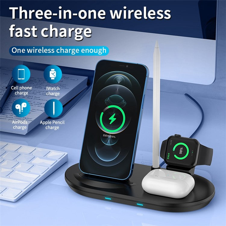 JJT-885 4 in 1 Wireless Charger for iPhone / Apple Watch / AirPods / Apple Pencil Multifunction 15W Fast Charging Station - Black