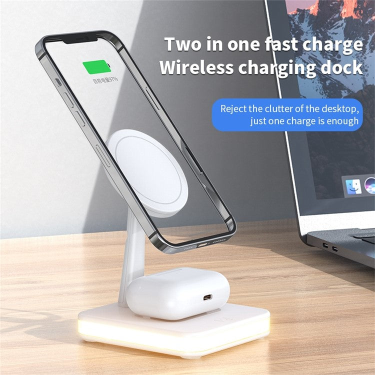 JJT-992 3 in 1 Magnetic Wireless Charger with USB Output for iPhone / AirPods LED Light Charging Base - White