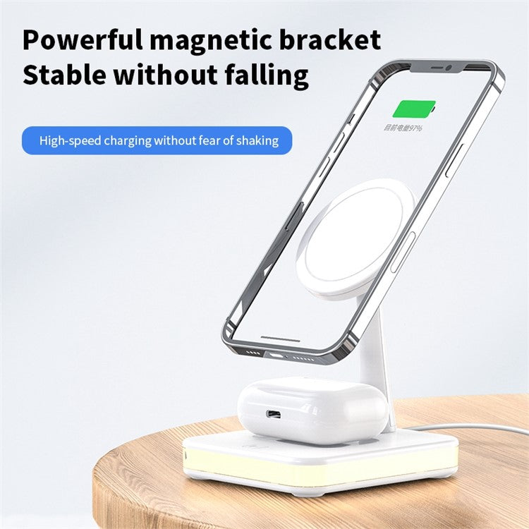 JJT-992 3 in 1 Magnetic Wireless Charger with USB Output for iPhone / AirPods LED Light Charging Base - White