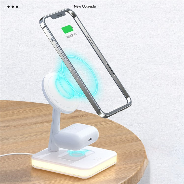 JJT-992 3 in 1 Magnetic Wireless Charger with USB Output for iPhone / AirPods LED Light Charging Base - White