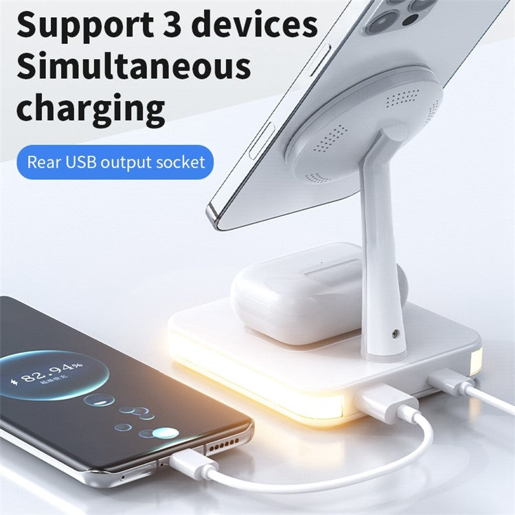 JJT-992 3 in 1 Magnetic Wireless Charger with USB Output for iPhone / AirPods LED Light Charging Base - White