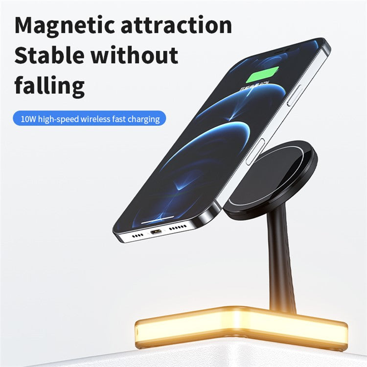 JJT-992 3 in 1 Magnetic Wireless Charger with USB Output for iPhone / AirPods LED Light Charging Base - Black