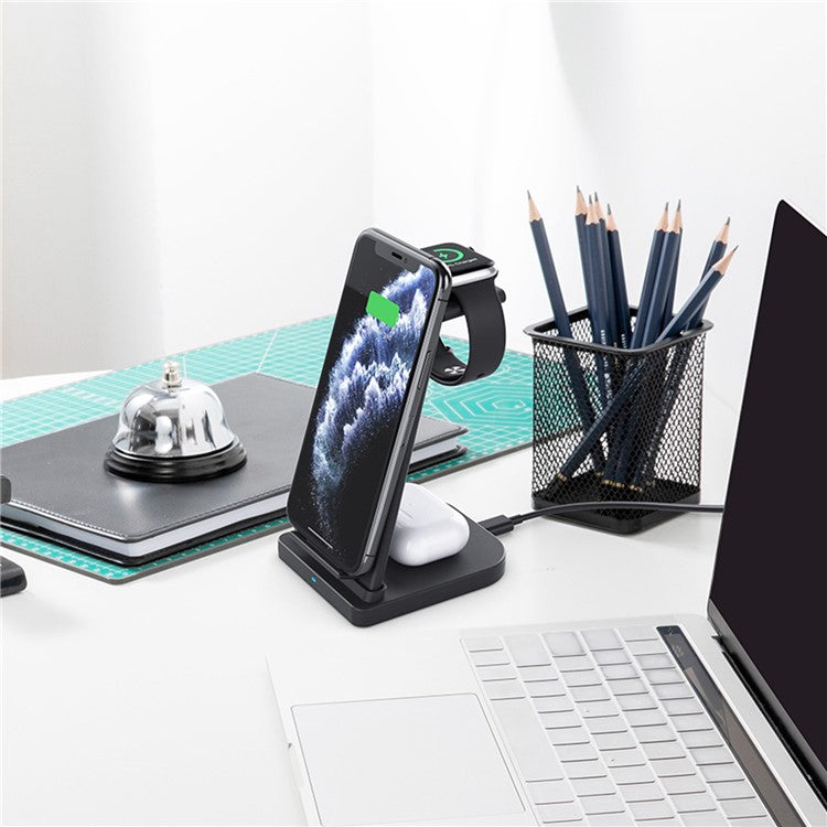 B-12 Universal Desktop Charger 3-in-1 15W Wireless Charging Folding Stand for Mobile Phone / Earphones / Smart Watch - Black