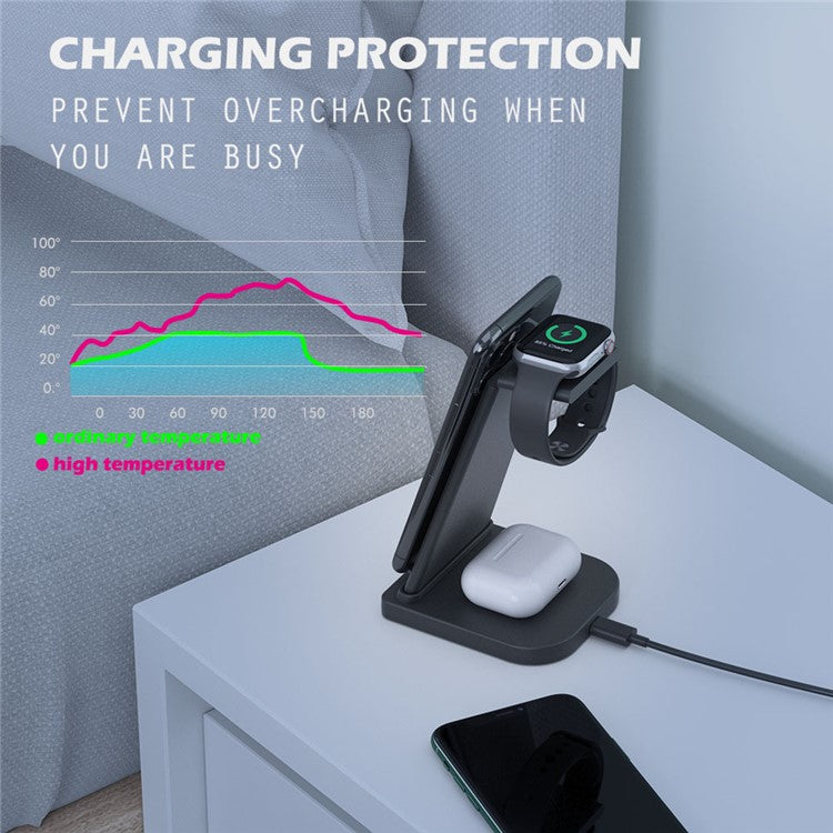 B-12 Universal Desktop Charger 3-in-1 15W Wireless Charging Folding Stand for Mobile Phone / Earphones / Smart Watch - Black