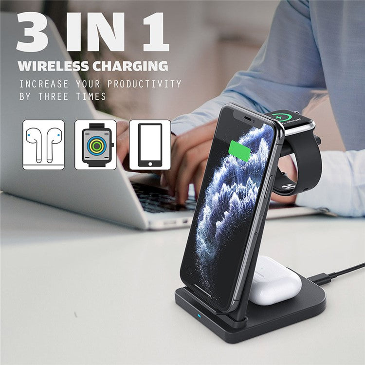 B-12 Universal Desktop Charger 3-in-1 15W Wireless Charging Folding Stand for Mobile Phone / Earphones / Smart Watch - Black