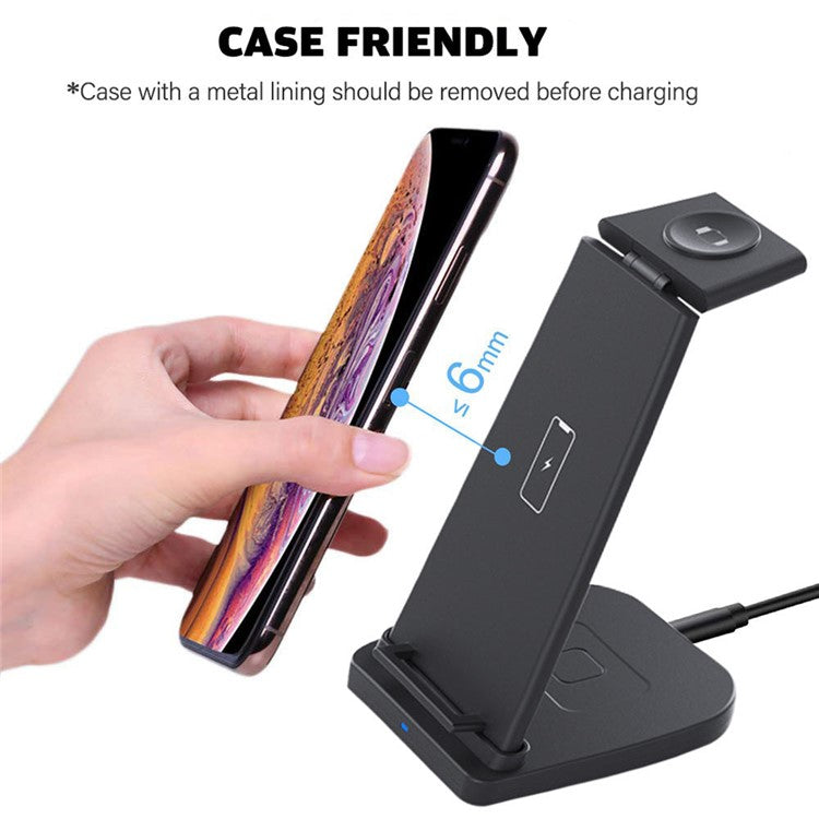 B-12 Universal Desktop Charger 3-in-1 15W Wireless Charging Folding Stand for Mobile Phone / Earphones / Smart Watch - Black