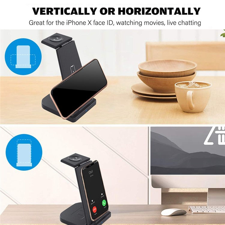 B-12 Universal Desktop Charger 3-in-1 15W Wireless Charging Folding Stand for Mobile Phone / Earphones / Smart Watch - Black