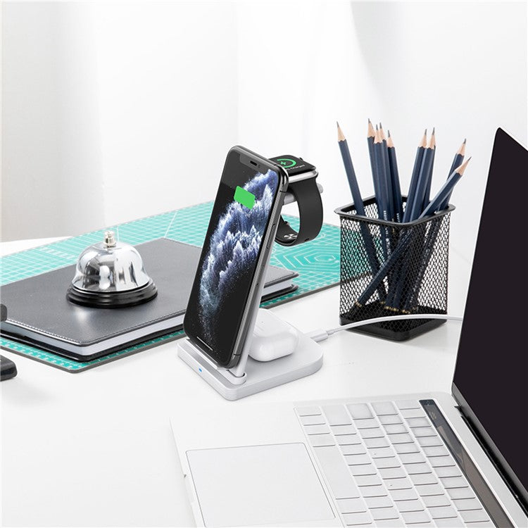 B-12 Universal Desktop Charger 3-in-1 15W Wireless Charging Folding Stand for Mobile Phone / Earphones / Smart Watch - White