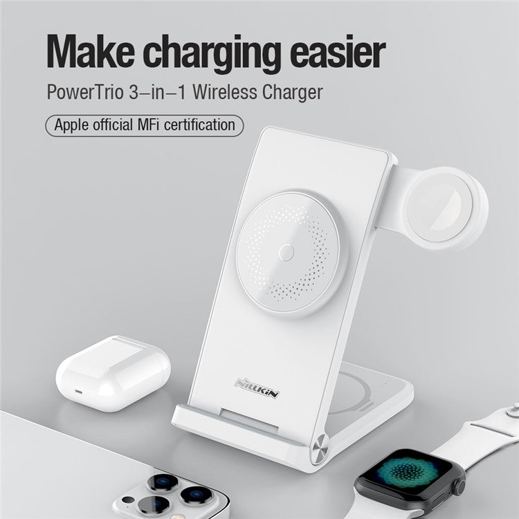 NILLKIN Powertrio 3 in 1 Charging Station Magnetic Wireless Charger for Mobile Phone  /  Earphone  /  Smart Watch, with MFi Certified Apple Watch Charger (EU Plug)