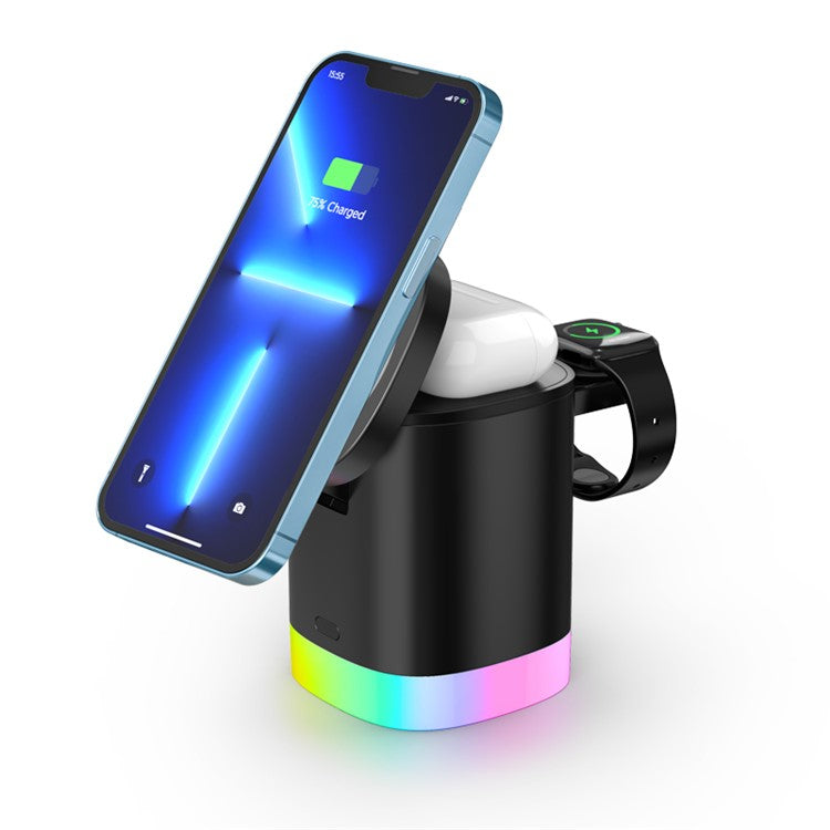 T15 3 in 1 Magnetic Wireless Charger Folding Charging Stand for iPhone iWatch AirPods Cordless Charging Station with RGB Light - Black