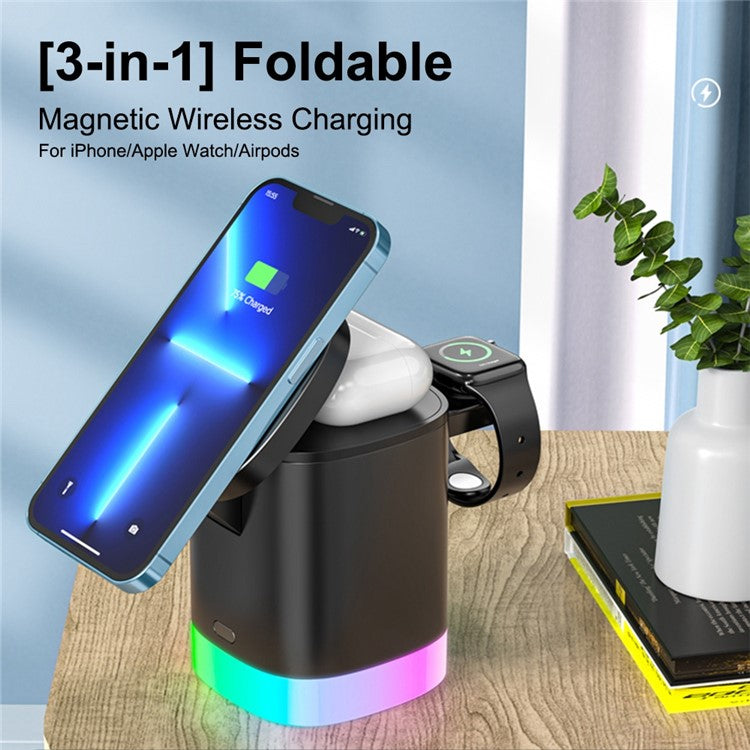 T15 3 in 1 Magnetic Wireless Charger Folding Charging Stand for iPhone iWatch AirPods Cordless Charging Station with RGB Light - Black