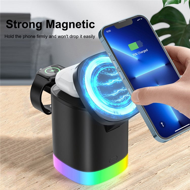 T15 3 in 1 Magnetic Wireless Charger Folding Charging Stand for iPhone iWatch AirPods Cordless Charging Station with RGB Light - Black