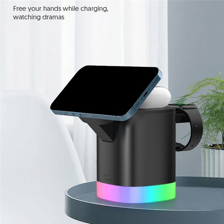 T15 3 in 1 Magnetic Wireless Charger Folding Charging Stand for iPhone iWatch AirPods Cordless Charging Station with RGB Light - Black